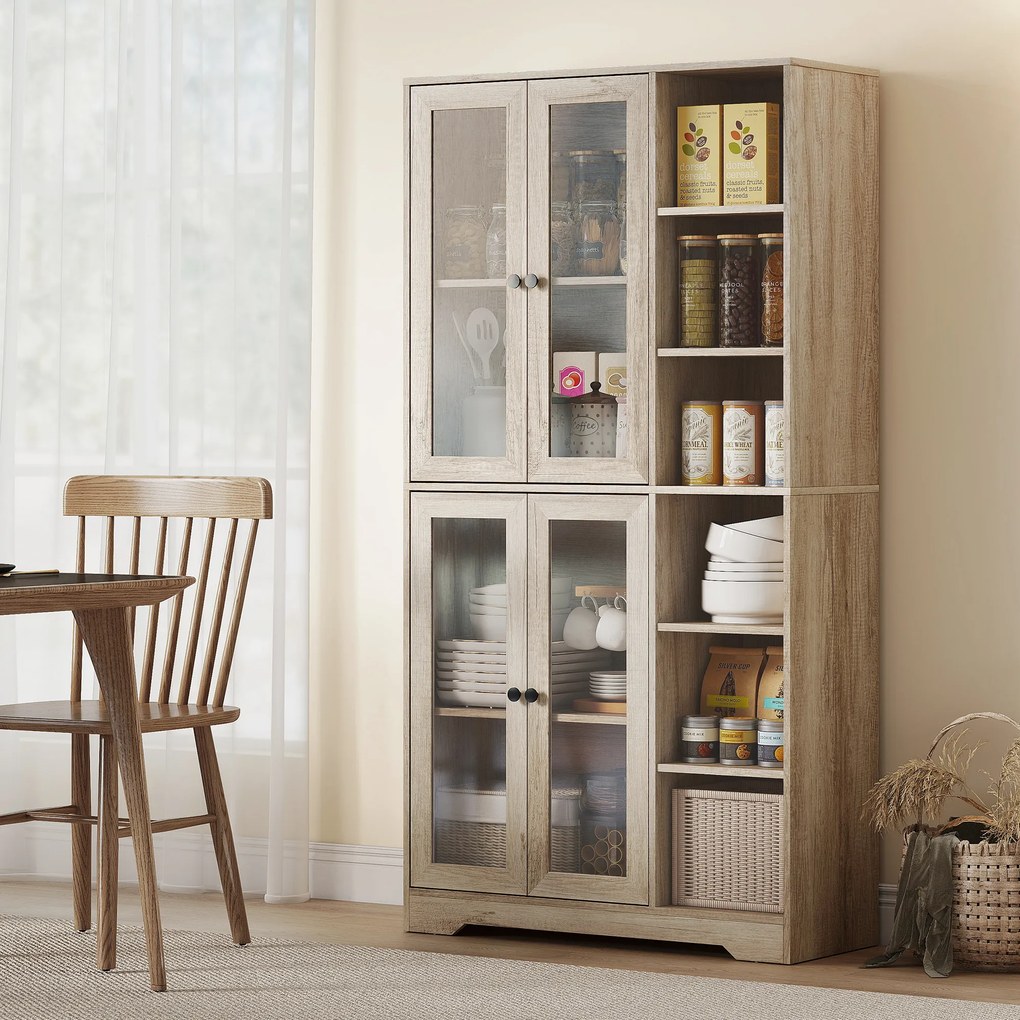 Armário de Cozinha Móvel Auxiliar de Cozinha com Prateleiras Abertas e 4 Portas de Vidro 90x35x172 cm Cinza Claro