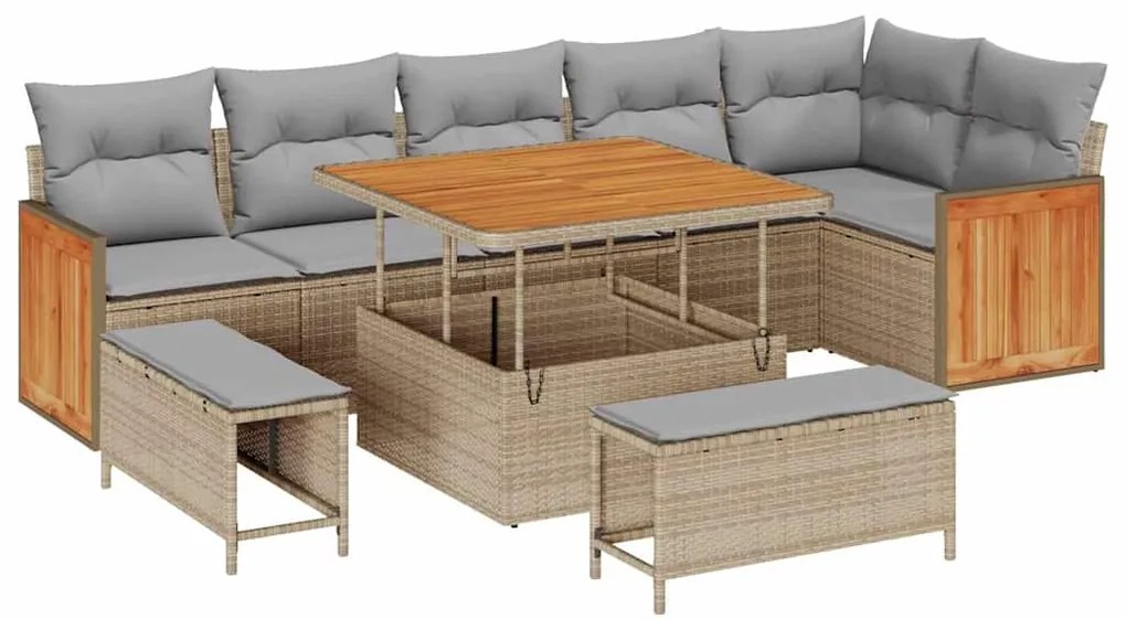 Conjunto de Sofá de Jardim de 9 Peças com Almofadas Bege Rattan Sintét