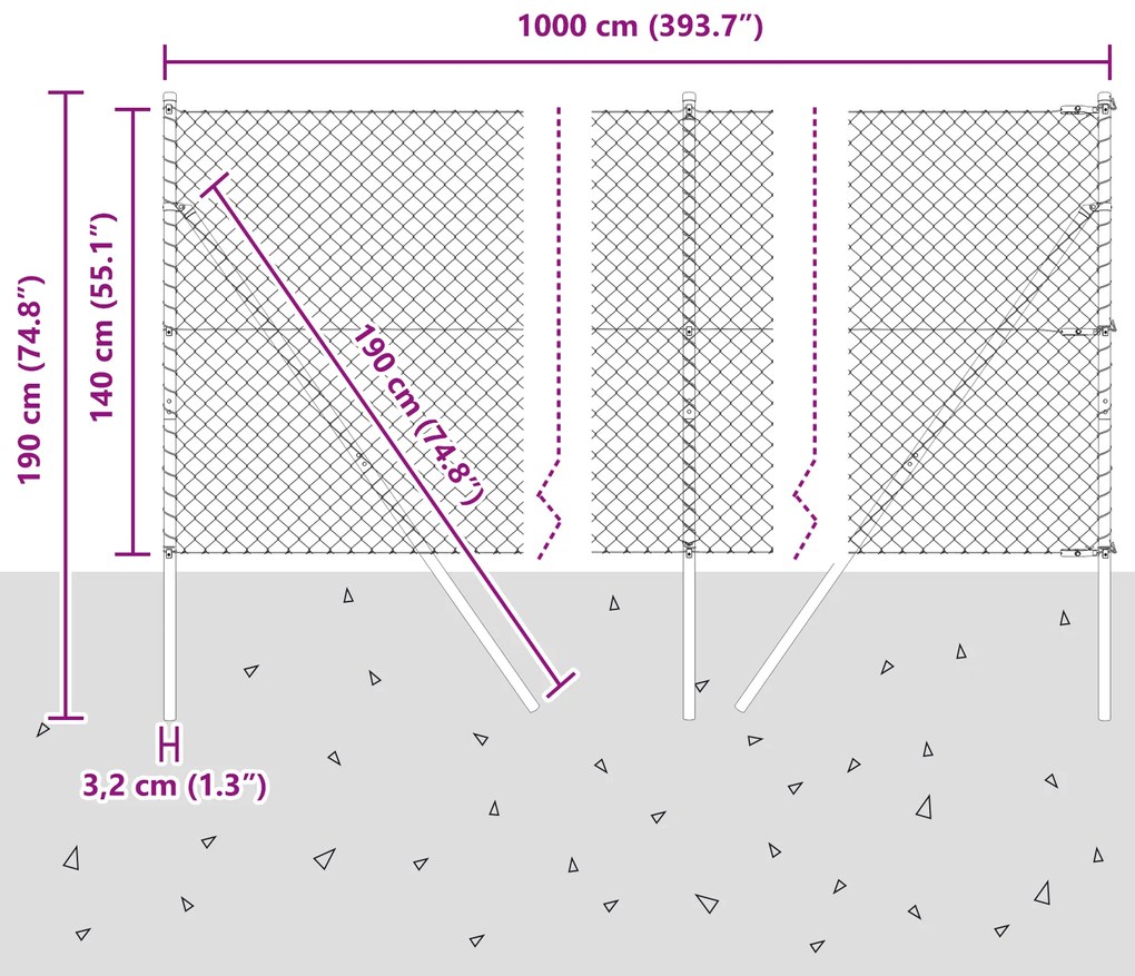 Cerca de Cadeia com 7 Postes 1,4x10 m Aço Galvanizado Cinza