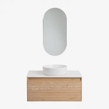 Conjunto De Móvel De Casa De Banho Suspenso Em Madeira De Freixo Tedrik Castanho Fresno & Cerâmica Redonda Branca Ø40 Cm Lenka - Sklum