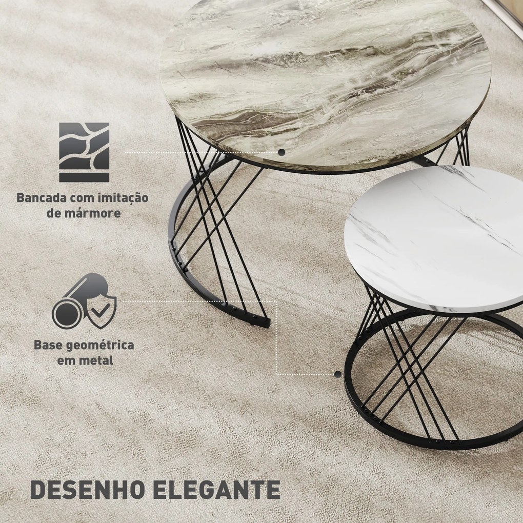 Conjunto de 2 Mesas Auxiliares Redondas com Bancada com Imitação de Mármore Estrutura de Metal  Cinzento e Branco