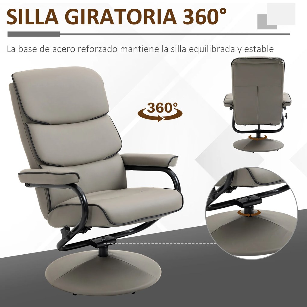 HOMCOM Poltrona Relax com Banco para Apoiar os Pés Poltrona Relax Giratória Reclinável em até 135° Estofada em PU 75x84x100cm Cinza