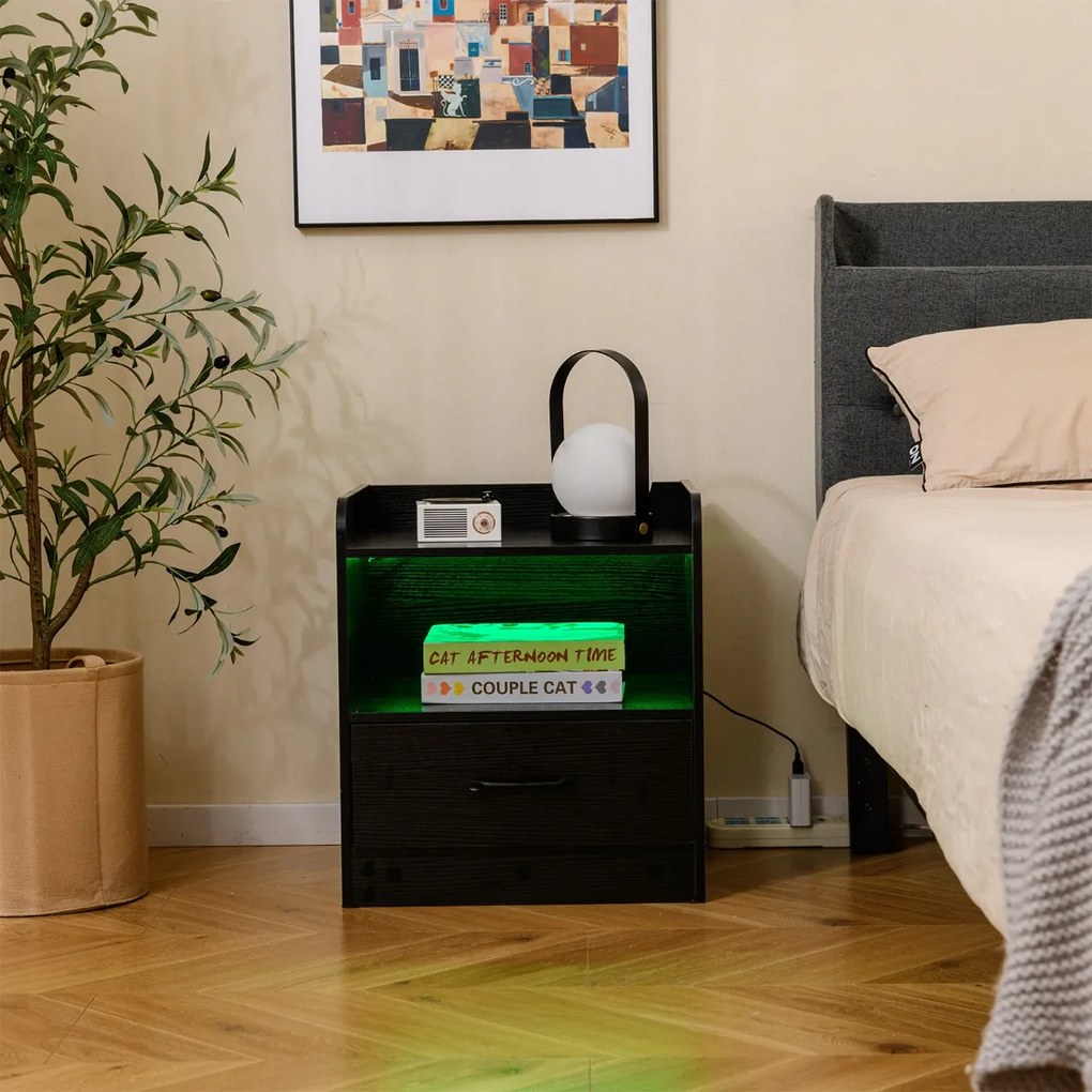 Mesa de cabeceira LED multicolorida 44,5 x 40 x 50 cm Mesa apoio com prateleira e gaveta Comando à distância para sala de estar e quarto Preto