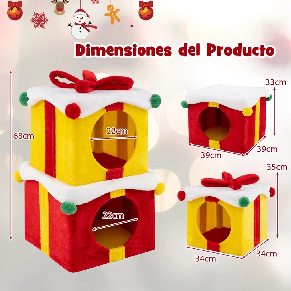 Casa de Natal para gatos de 2 andares em forma de presentes Casa para gatos empilhável com laço Mobiliário para gatos de interior com 2 camas