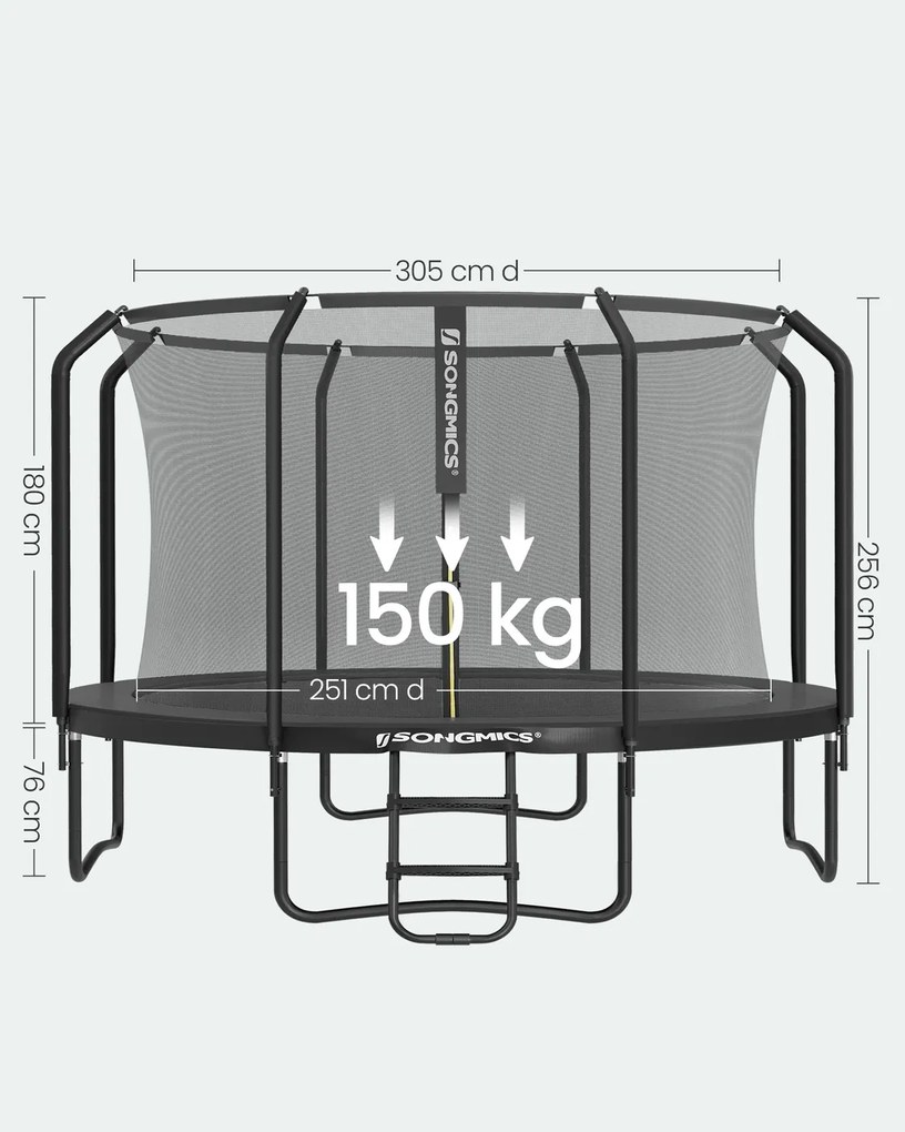 Trampolim de 305 cm de diâmetro com rede de segurança e escada preta