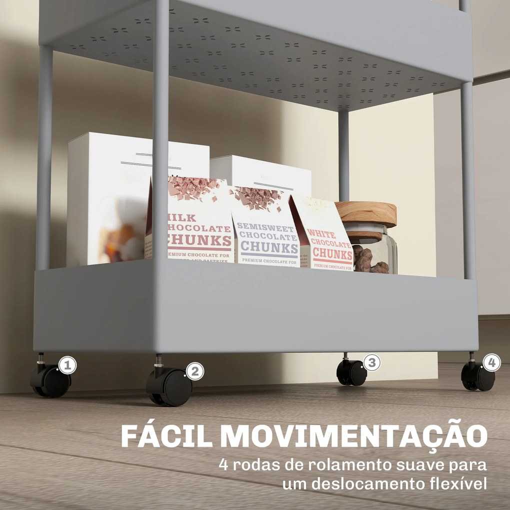Carrinho Auxiliar com Rodas Carrinho de Armazenamento com 4 Cestas e 4 Ganchos Amovíveis 40x19x90 cm Cinza