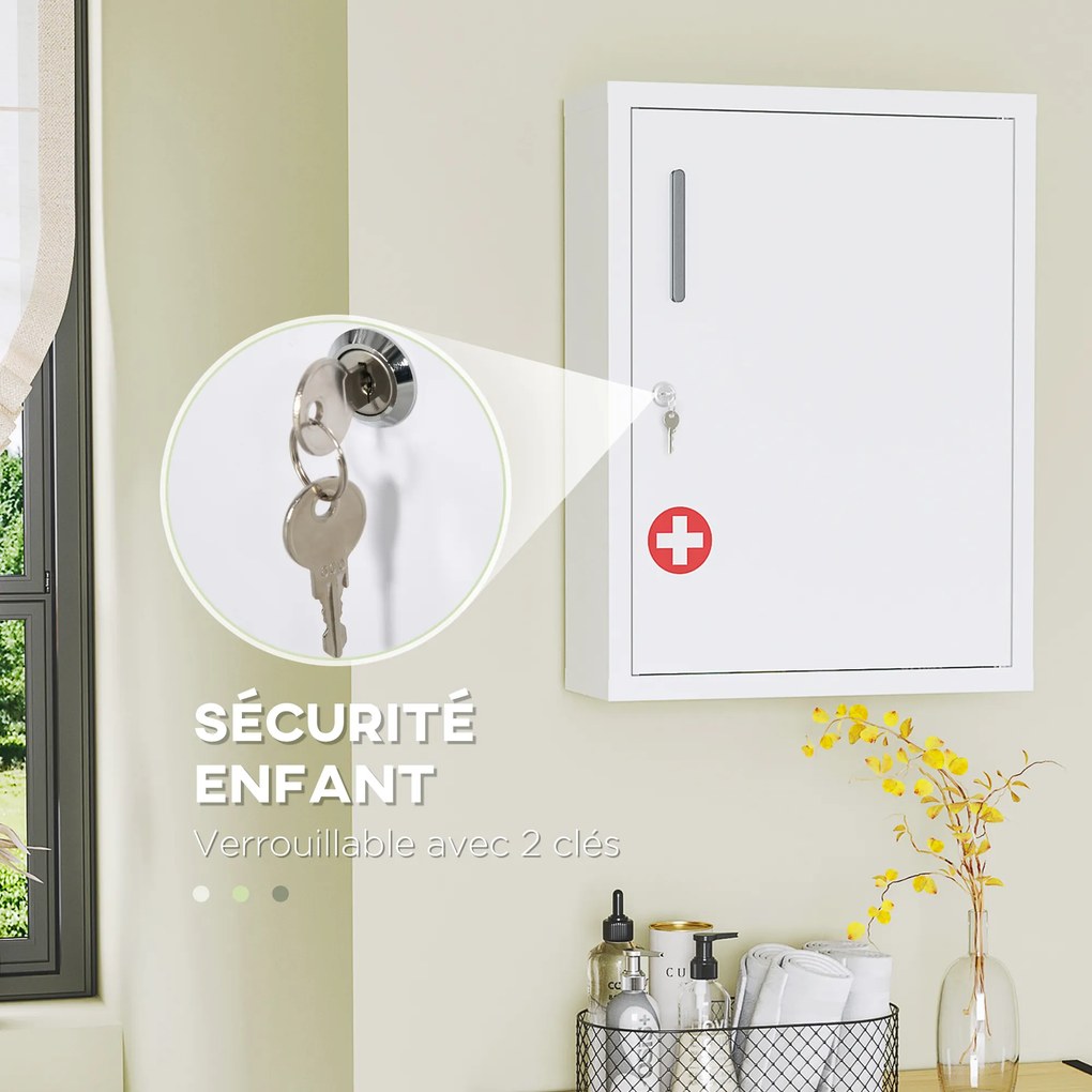 Armário de medicamentos com 2 prateleiras e 3 níveis 40 x 15 x 53,5 cm, porta com fechadura e 2 chaves, branco