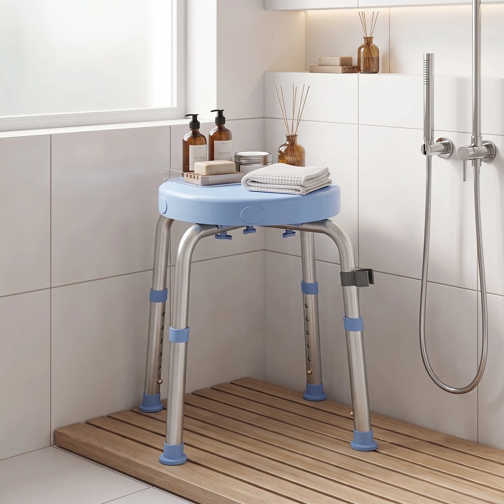 Banco de Duche Giratório, 5 Alturas Reguláveis, Antiderrapante, em Liga de Alumínio, Capacidade 136 kg, Azul-claro