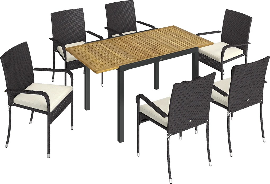 Outsunny Conjunto de Mesa e Cadeiras de Jardim em Vime 7 peças com Mesa Extensível em Madeira e 6 Cadeiras Empilháveis Creme | Aosom Portugal