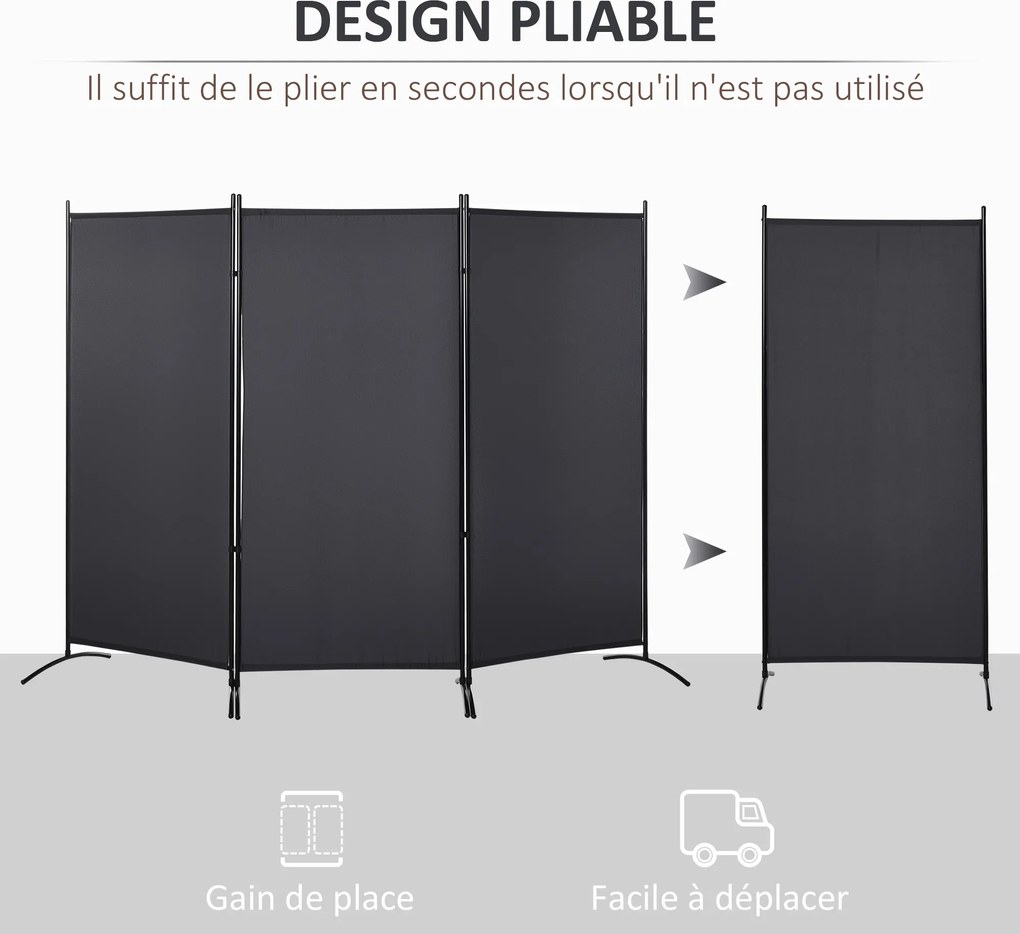 Biombo de 3 painéis, 2,53 x 0,5 x 1,82 A m.de proteção contra olhares indiscretos, biombo com base separadora em metal e poliéster cinzento escuro