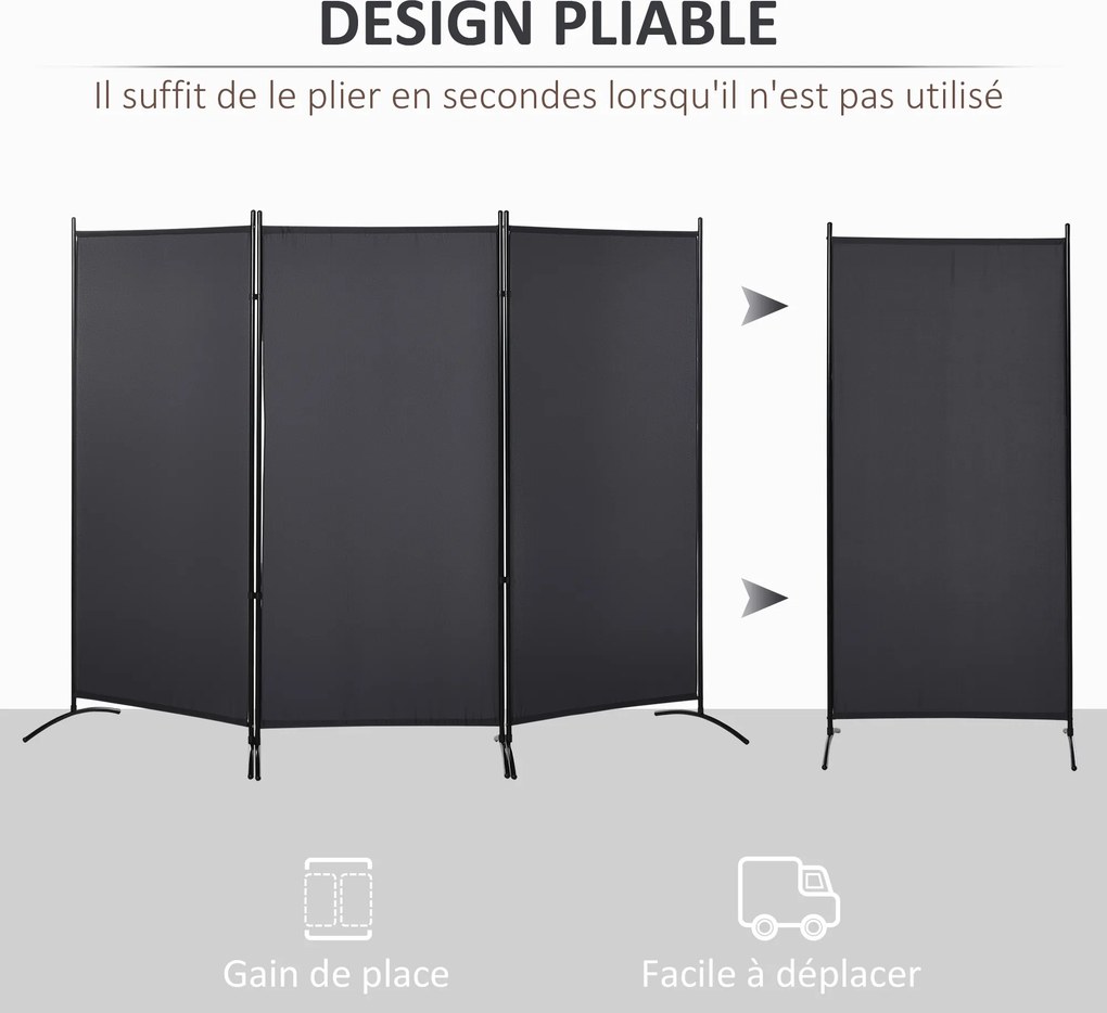 Biombo de 3 painéis, 2,53 x 0,5  x 1,82 m; cortina lateral de proteção contra olhares indesejados, biombo com suporte de metal e poliéster cinzento es