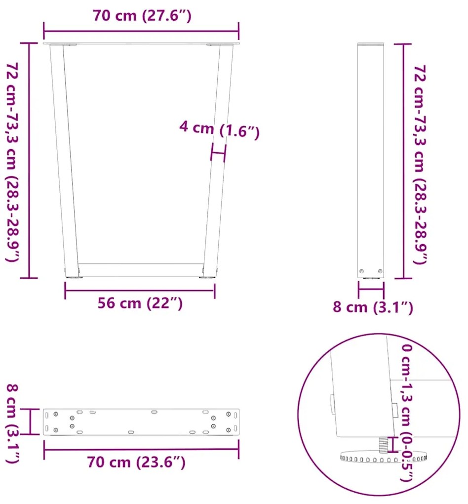 Pernas para mesa de jantar em V, 2 peças, pretas, 70x(72-73,3) cm, aço