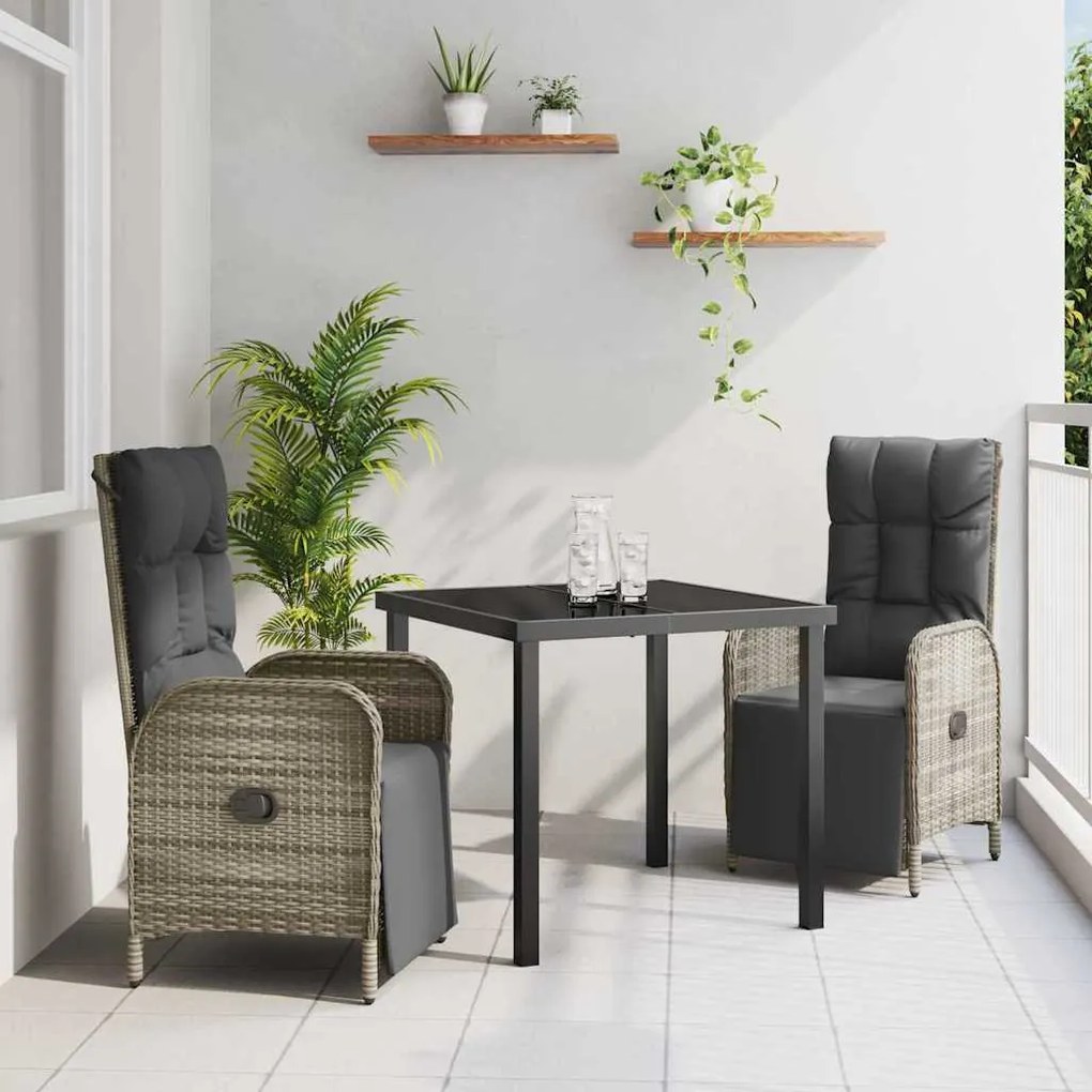 vidaXL Conjunto de Jantar de Jardim - 3 Peças com Almofadas em Polirattan Cinza.