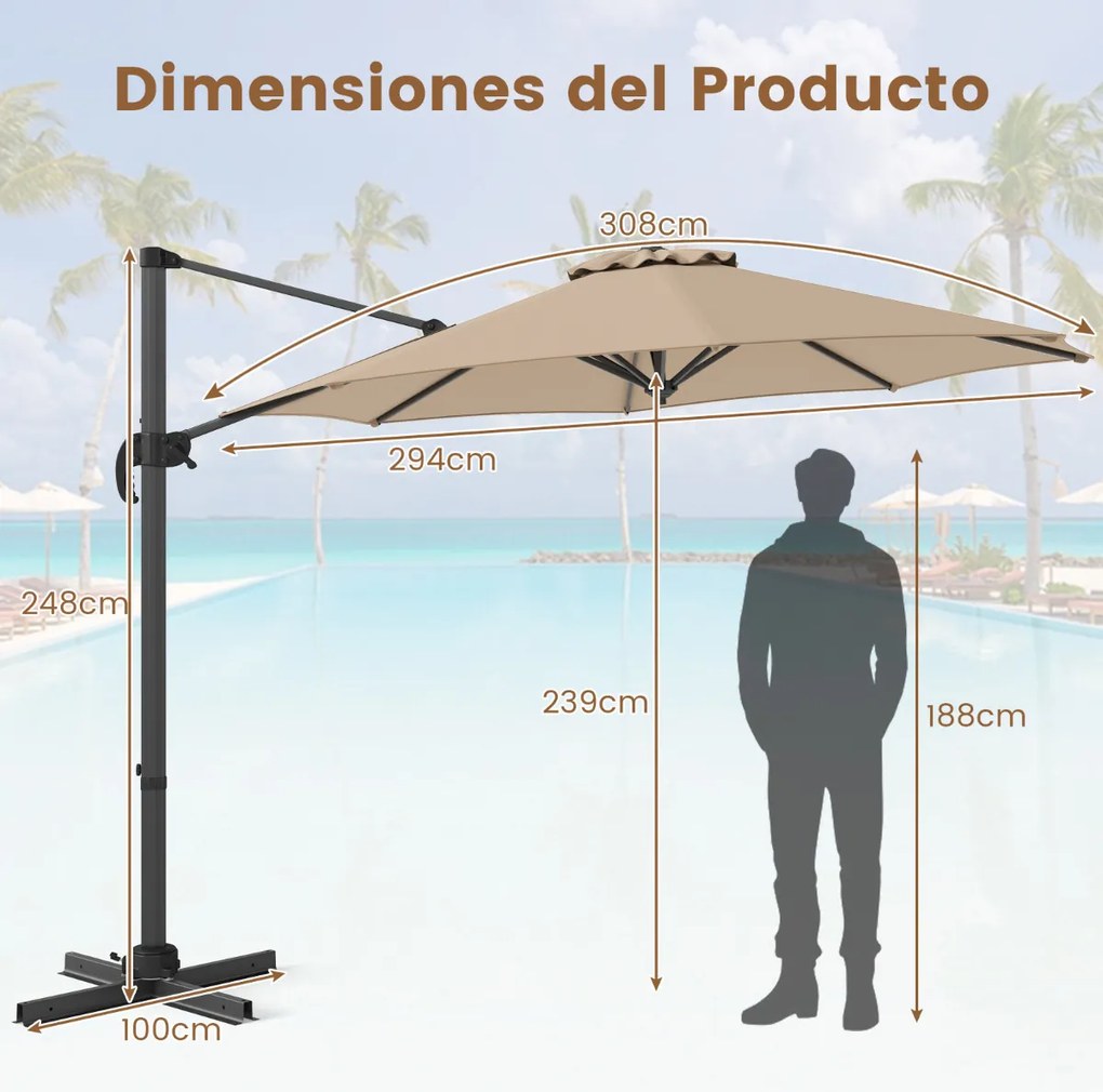 Guarda-sol redondo jardim 294 x 247 cm Guarda-sol suspenso com rotação de 360° Base cruzada 5 inclinações ajustáveis Bege