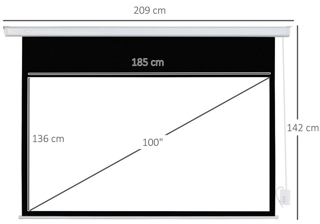 HOMCOM Tela de Projeção Elétrica 80 Polegadas Tela de Projeção Motorizada Formato 16:9 com Controlo Remoto para Cinema am Casa Exterior Festas 209x7,5x142cm Branco