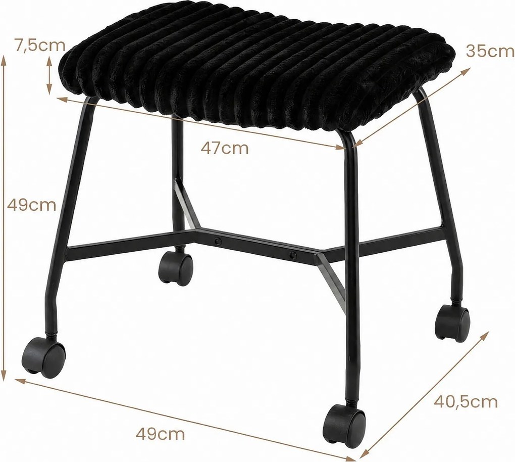 Conjunto de 2 Bancos com Rodas, 49 x 40,5 x 49 cm, Assento Acolchoado, Preto