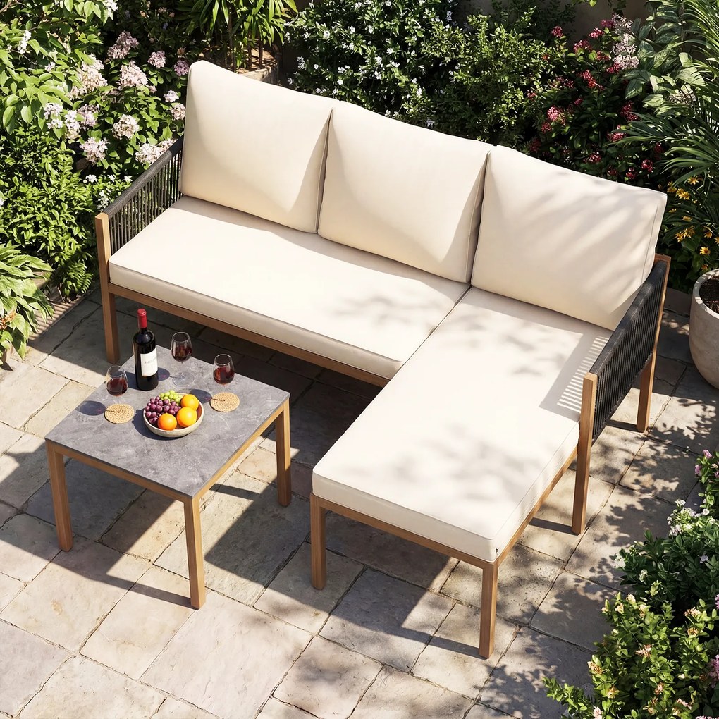 Conjunto de 3 Peças de Jardim: Sofá de 2 Lugares, Espreguiçadeira e Mesa de Centro, 118 x 171 x 64 cm, Estrutura Metálica Reforçada, Bege