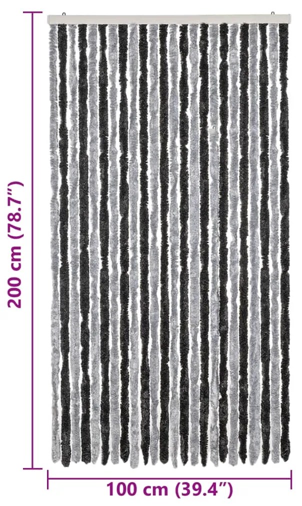 Cortina anti-insetos 100x200 cm chenille cinzento e preto