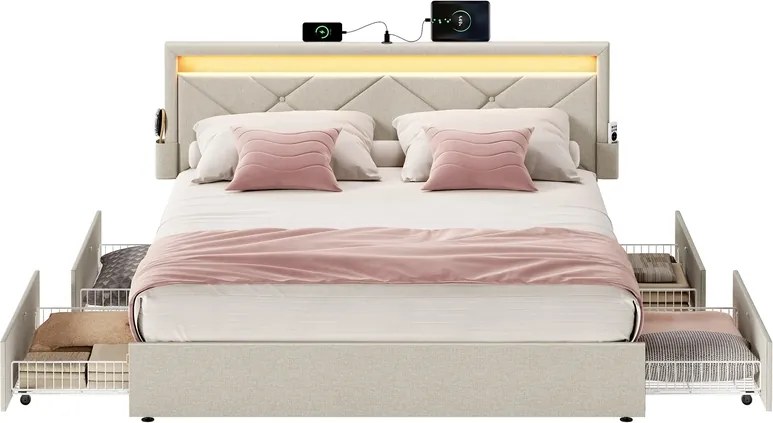 Estrutura de cama casal 140 x 200 cm (COLCHÃO NÃO INCLUIDO) em metal com iluminação LED nas gavetas e cabeceira bege cappuccino