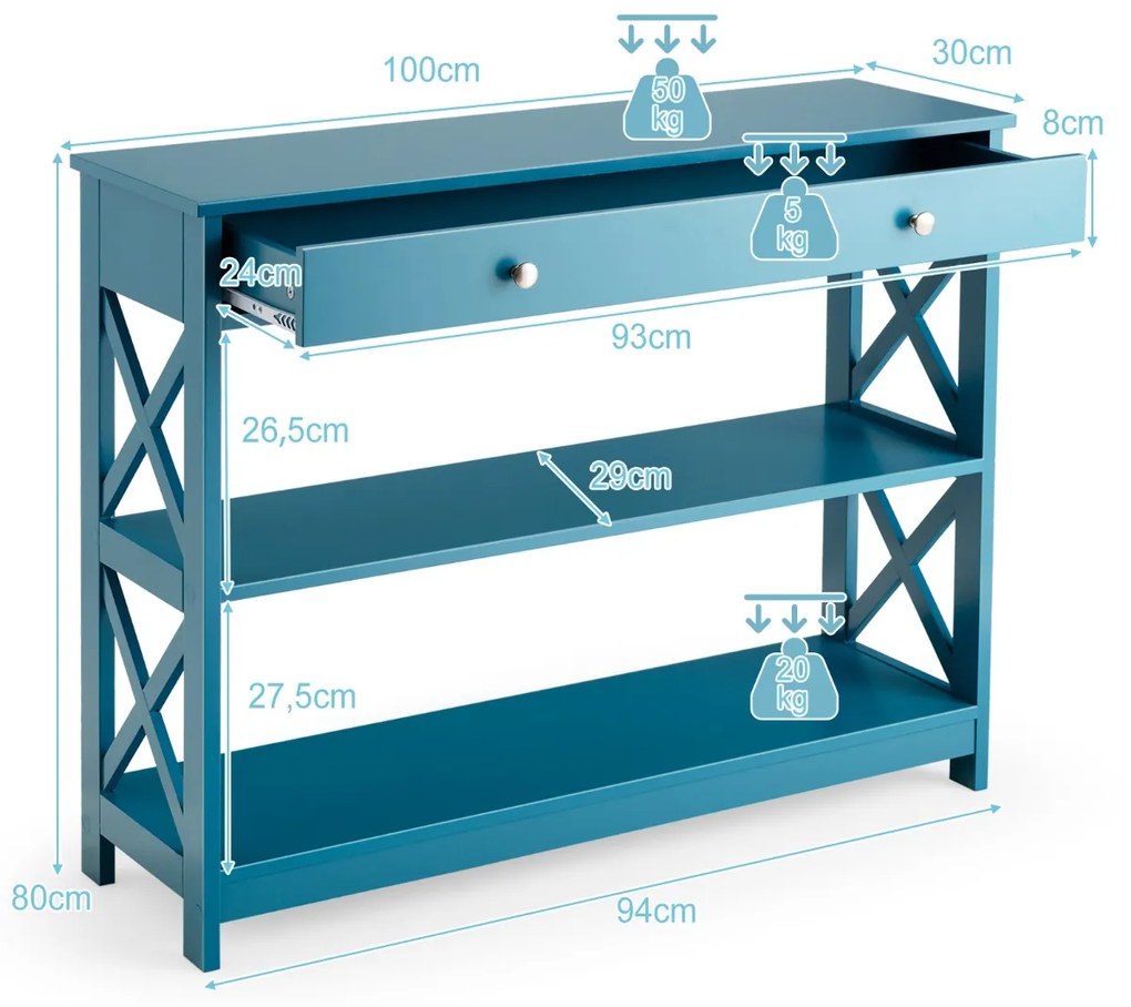 Mesa consola com 1 gaveta e 2 prateleiras Mesa de entrada com X-Design para hall de entrada e corredor 100 x 30 x 80 cm Azul