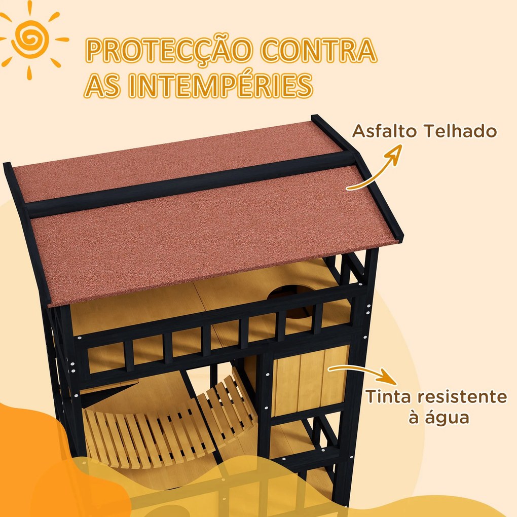 PawHut Casa para Gatos de Madeira 84x60x116 cm Abrigo para Gatos de 4