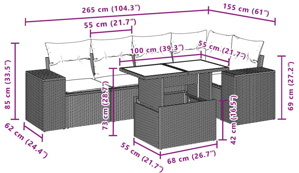 6 pcs conj. sofás jardim com almofadões vime PE cinzento-claro