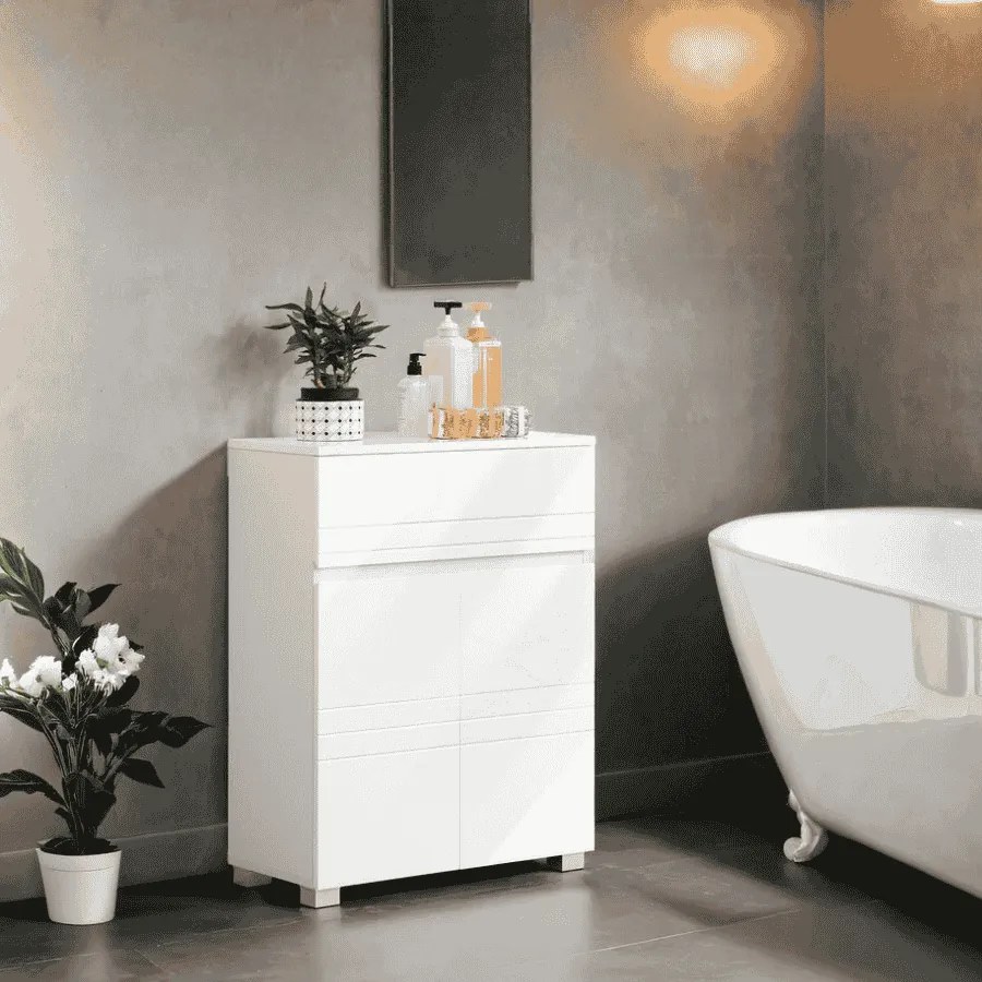 Armário de casa de banho com 2 portas 60 x 30 x 80 cm, armário de arrumação, com gaveta e prateleira ajustável branco