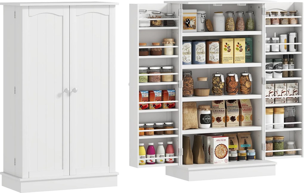 Armário de cozinha para despensa com 2 portas, 5 prateleiras e 12 suportes para especiarias - 60 x 30 x 104 cm - branco