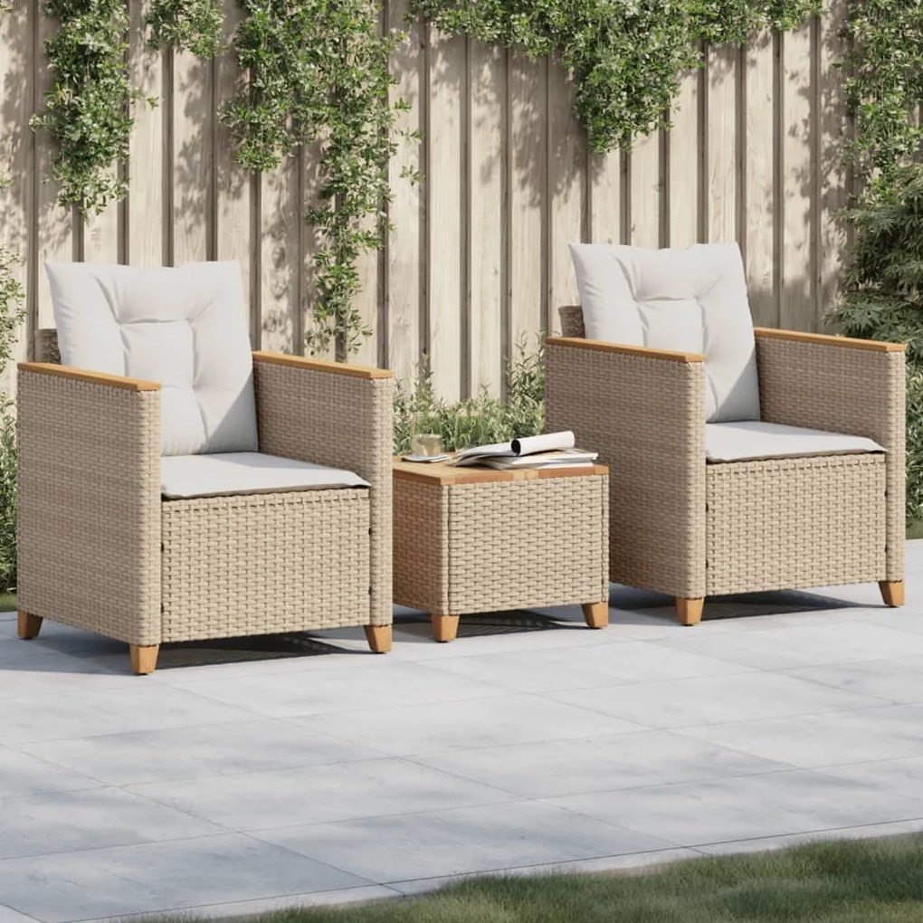 vidaXL Conjunto de bistrô com almofadões 3 pcs vime PE e acácia bege