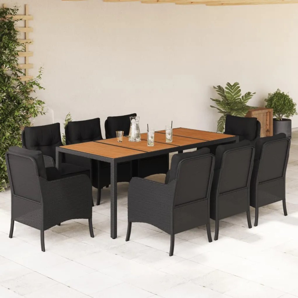 vidaXL 9 pcs conjunto de jantar p/ jardim c/ almofadões vime PE preto