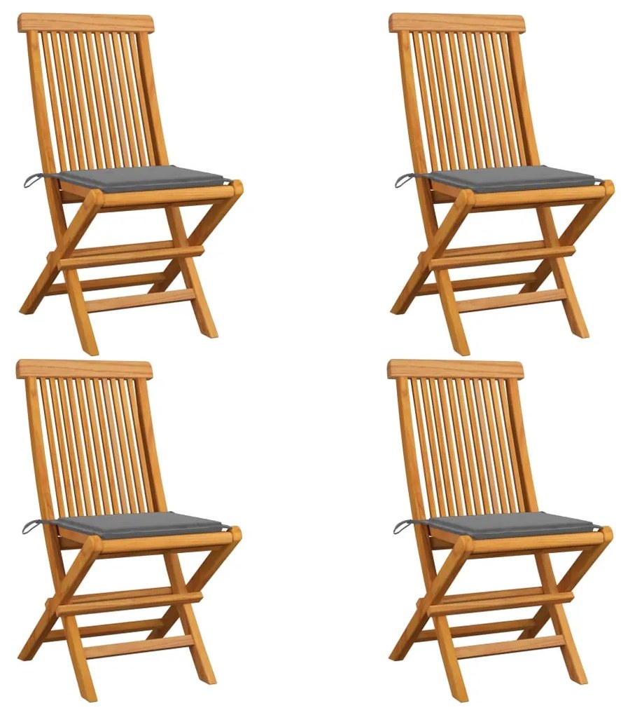 vidaXL Cadeiras de jardim c/ almofadões cinzentos 4 pcs teca maciça