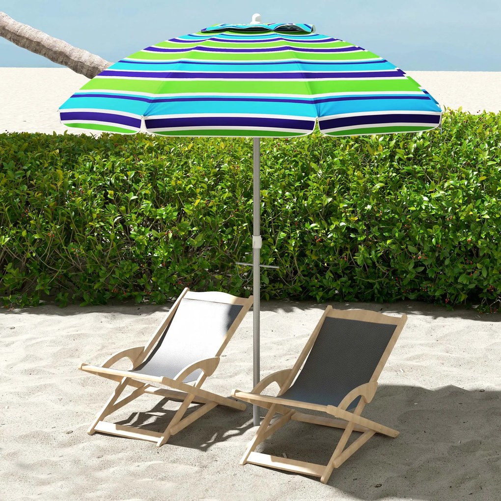 Chapéu de Sol de Praia Ø178x205 cm com Inclinação de 45° e Altura Ajustável Abertura Manual Anti-UV Impermeável Multicolor
