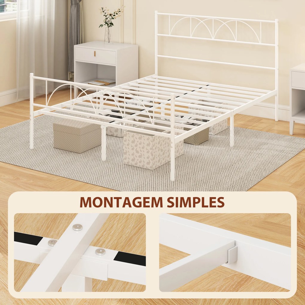 Cama de Casal com Cabeceira de Ripas de Aço (COLCHÃO NÃO INCLUIDO) e Espaço de Arrumação Debaixo da Cama Carga 330 kg 141,5x198x98 cm Branca