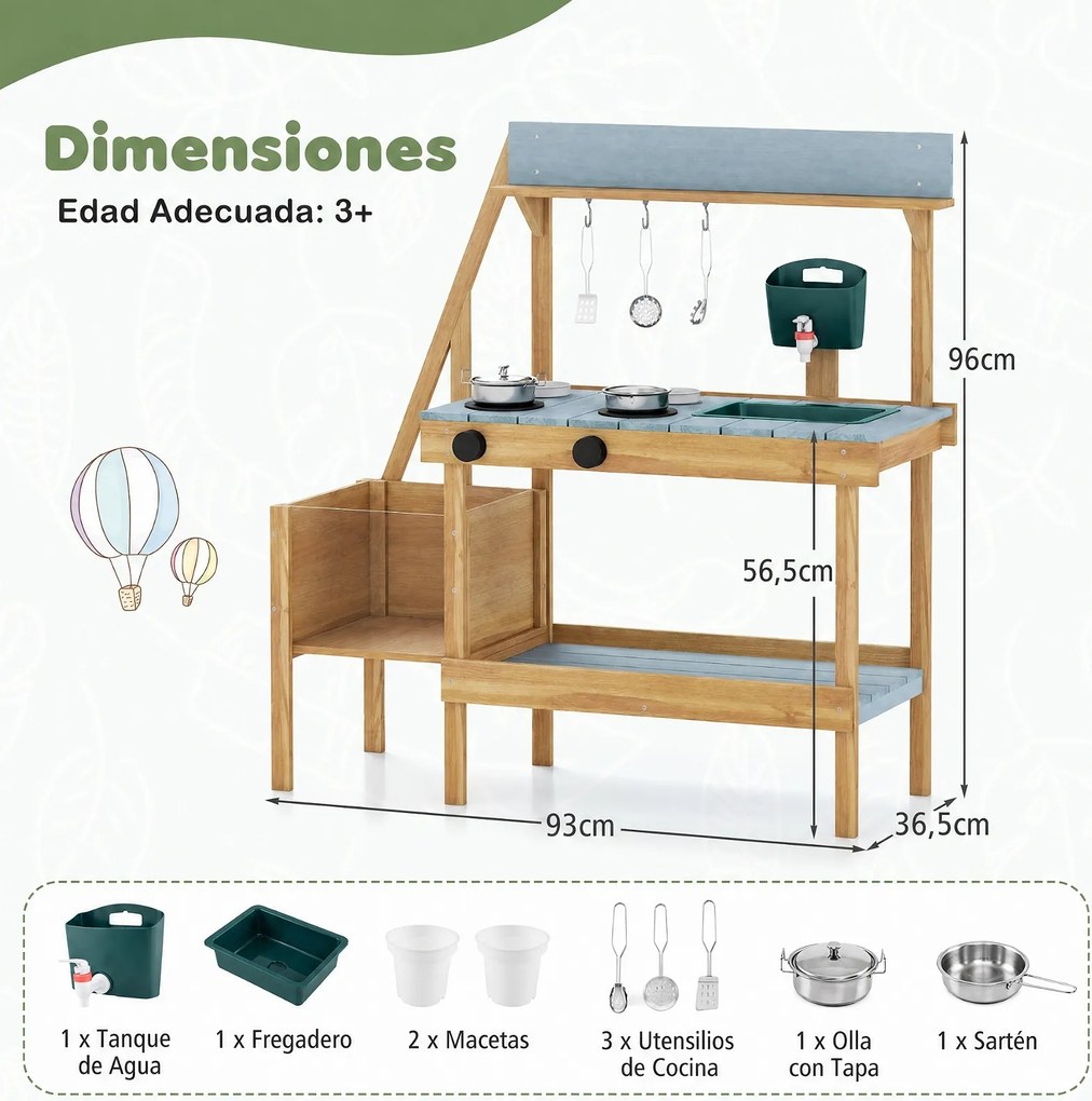 Cozinha brincar infantil para Brincar no Exterior, 93 x 36,5 x 96 cm, com Floreira Elevada, Natural