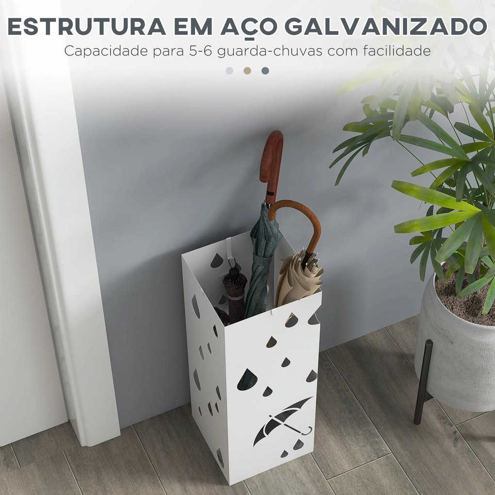 Suporte para Guarda-Chuvas com 4 Ganchos e Bandeja de Gotejamento Amovível Porta Guarda-Chuvas 15,5x15,5x40 cm Branco