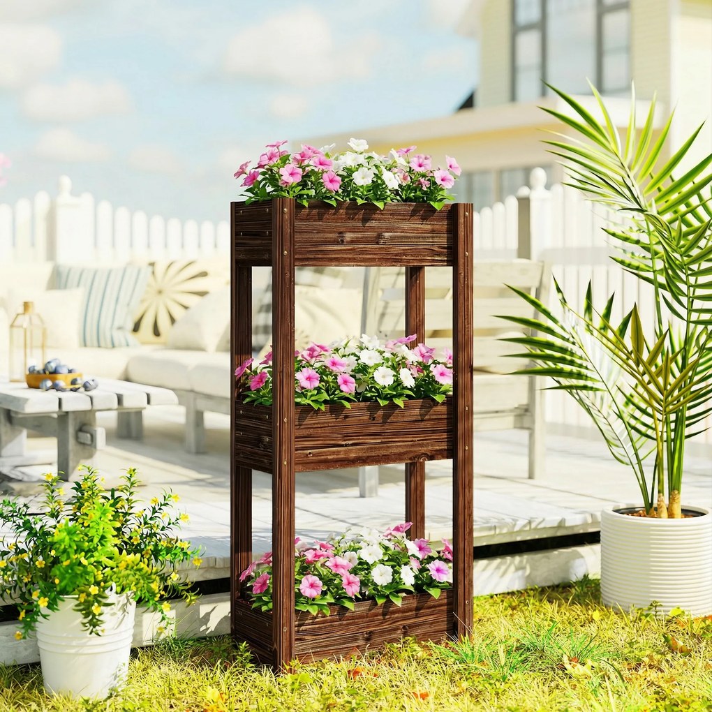 Floreira elevada com pés, 3 níveis, orifícios de drenagem e forro, 60 x 25 x 120 cm, castanho