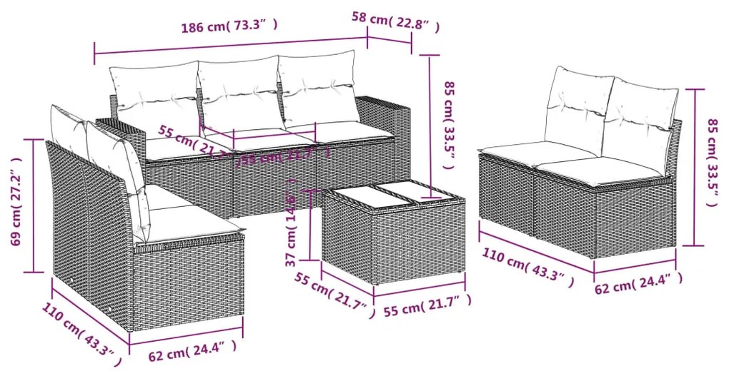 8 pcs conjunto de sofás p/ jardim com almofadões vime PE bege