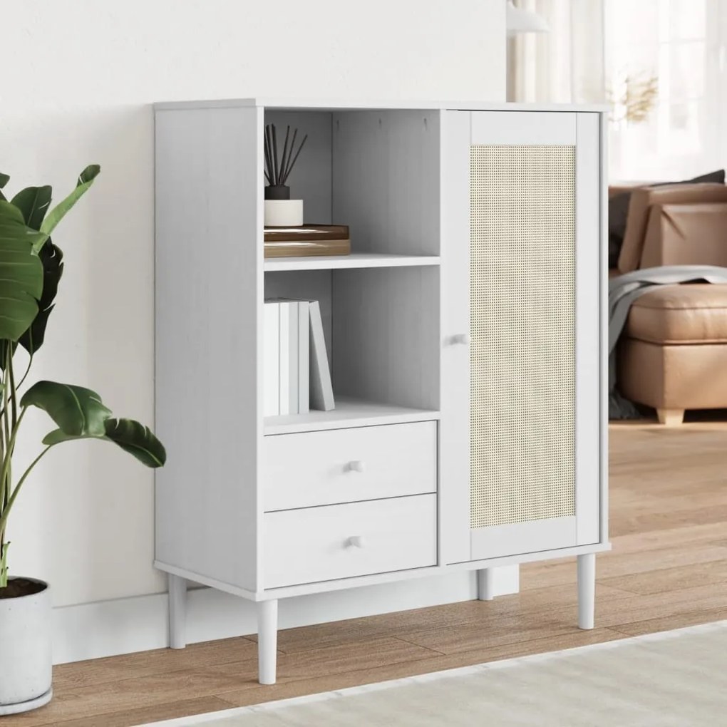 Móvel alto SENJA aspeto vime 90x40x112 cm pinho maciço branco