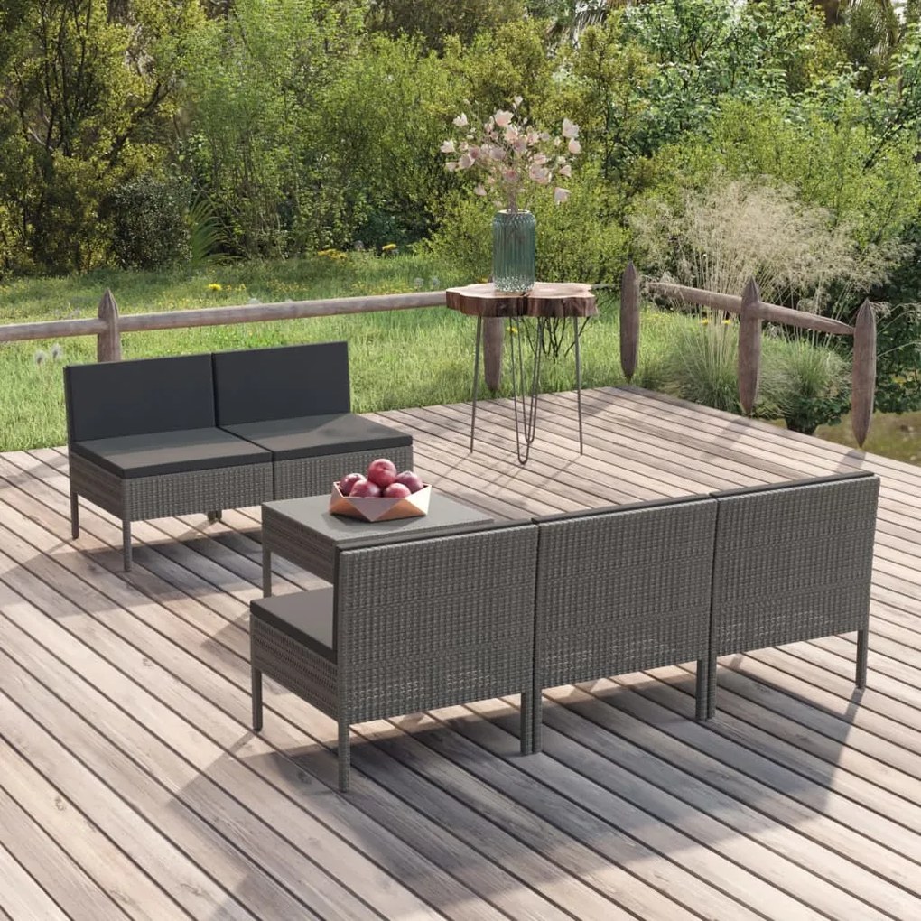 vidaXL 6 pcs conjunto lounge de jardim c/ almofadões vime PE cinzento