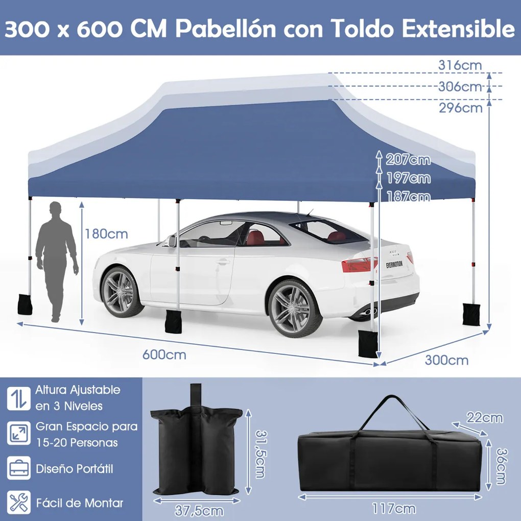 Tenda festas, eventos de 3 x 6 m com pesos e bolsa de transporte dobrável com altura ajustável Pavilhão de jardim Azul