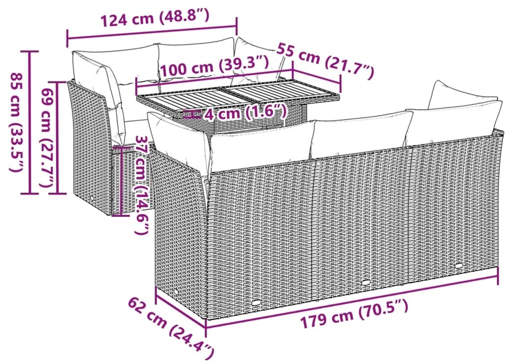 6 pcs conjunto de sofás p/ jardim com almofadões vime PE bege