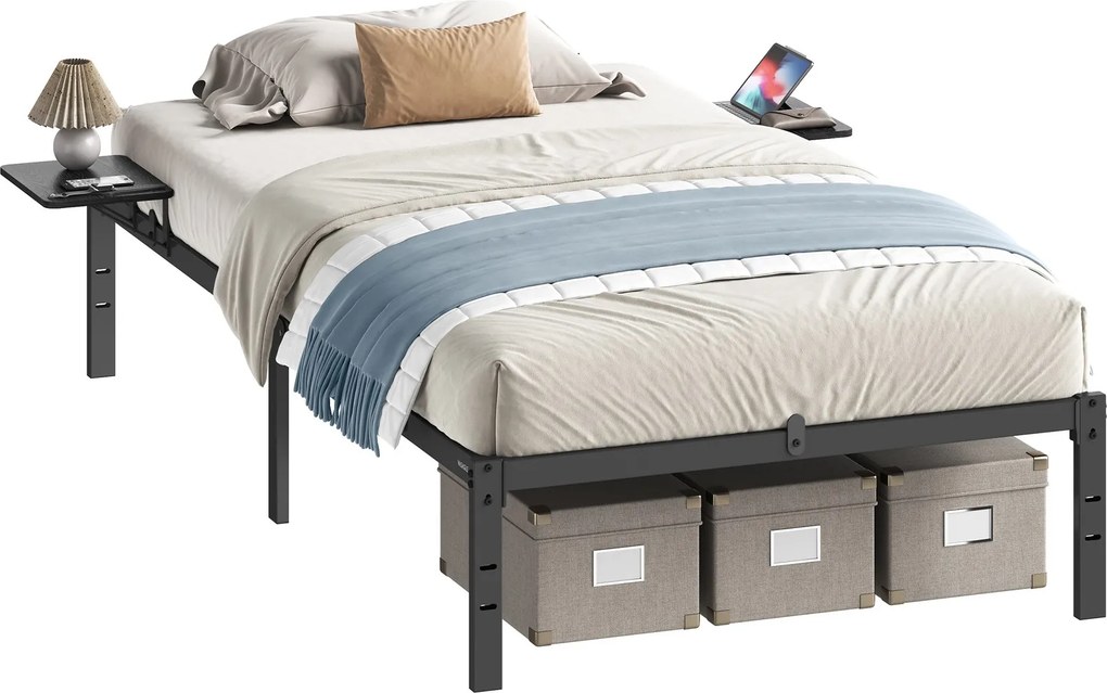 Estrutura de cama de casal em metal 200 x 90 x 40,6 cm (COLCHÃO NÃO INCLUIDO) com prateleiras de arrumação em preto