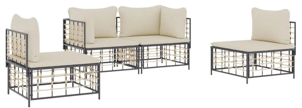 4 pcs conjunto lounge de jardim c/ almofadões vime PE antracite