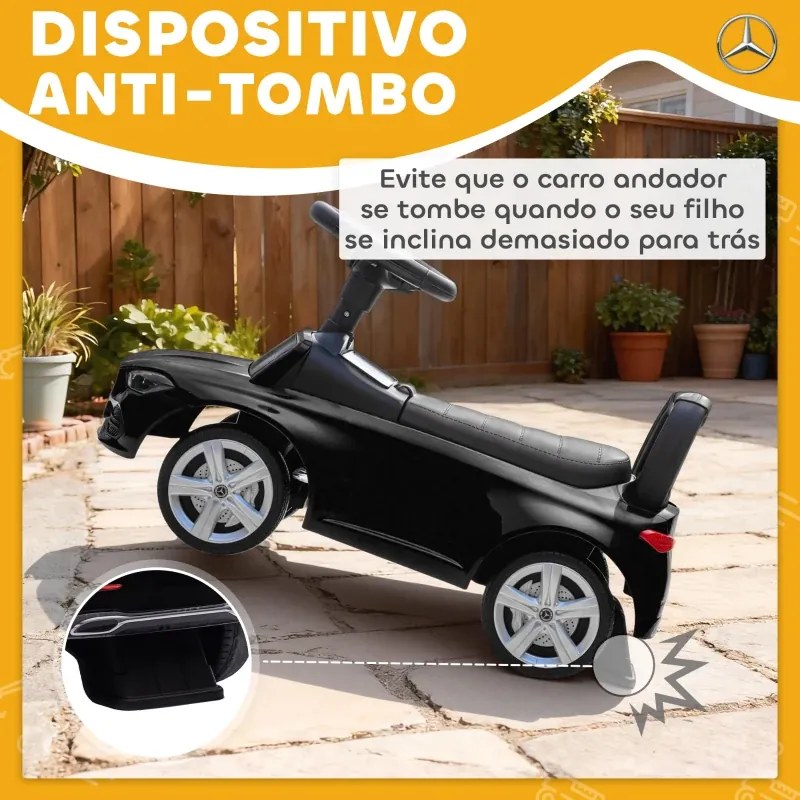 Carro Andador para Crianças Mercedes-Benz Classe C com Buzina Volante Sons de Motor e Espaço de Armazenamento 65x28x39 cm Preto