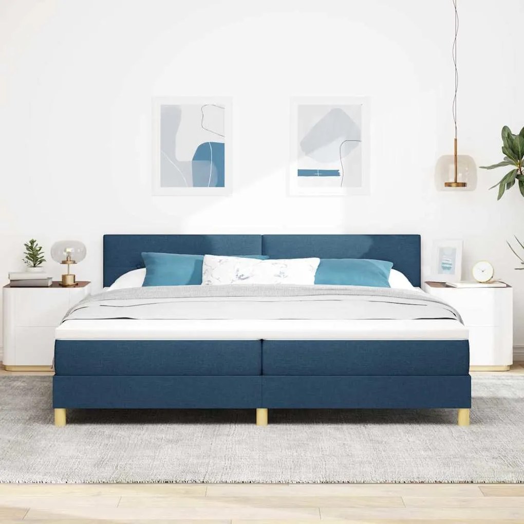 Cama Box Spring com Colchão &amp; LED Azul 200x200 cm Tecido