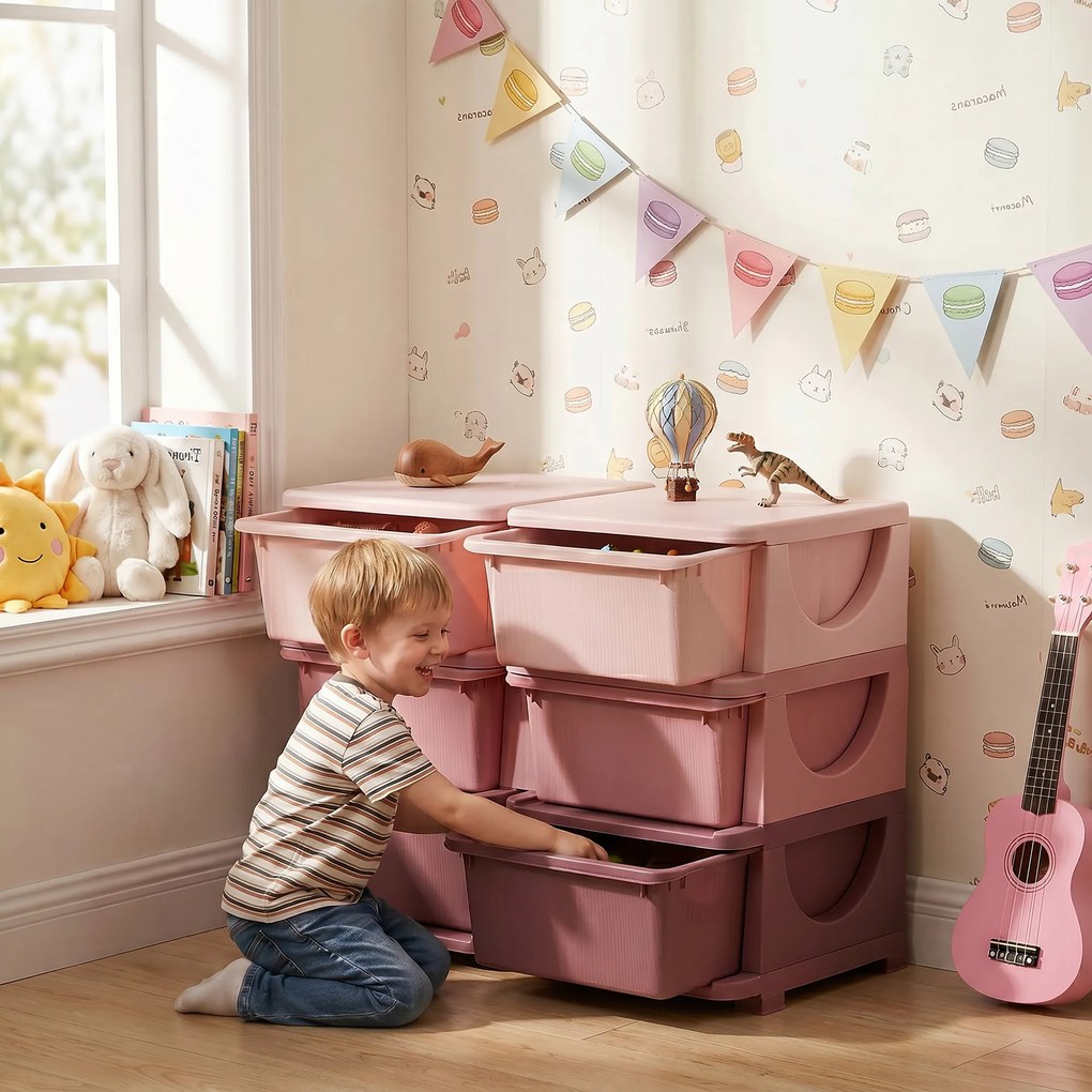 Organizador de Brinquedos com 6 Gavetas para Crianças com Bordas Arredondadas e Pegas 75x37x56,5 cm Rosa