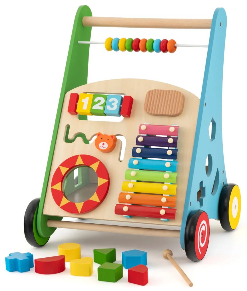 Andarilho de Bebé em Madeira Brinquedo Educativo de Atividade em Madeira com Rodas de Borracha Aprender a Andar para Bebés Multicolorido