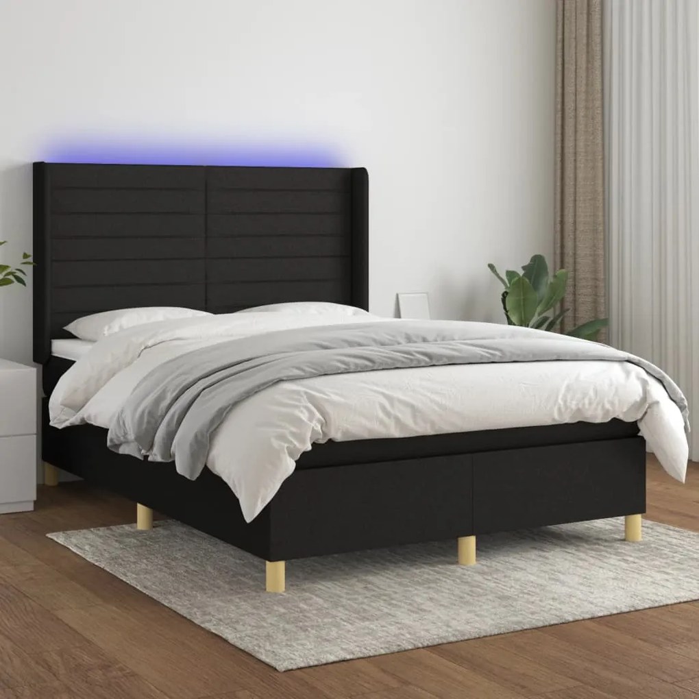 Cama box spring c/ colchão e LED 140x200 cm tecido preto