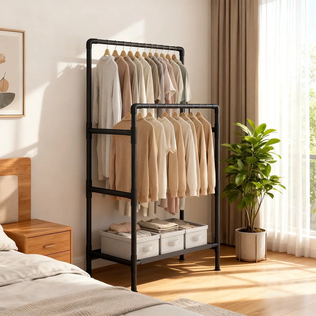 Guarda roupa, cabide aberto em metal 83 x 45 x 157 cm, com prateleira e duas varas, cabideiro para o hall de entrada preto