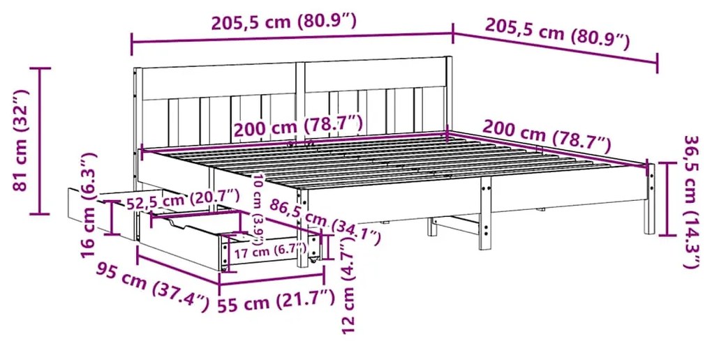Cama sem colchão 200x200 cm pinho maciço castanho-mel